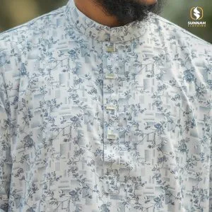 Alternative view of Blue & White Printed Cotton Panjabi-[BWC-L]