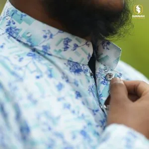 Alternative view of White & Sky-blue Printed Cotton Panjabi-[WSB-L]
