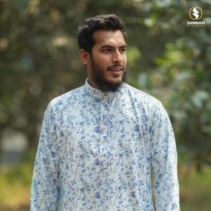 White & Sky-blue Printed Cotton Panjabi-[WSB-L]